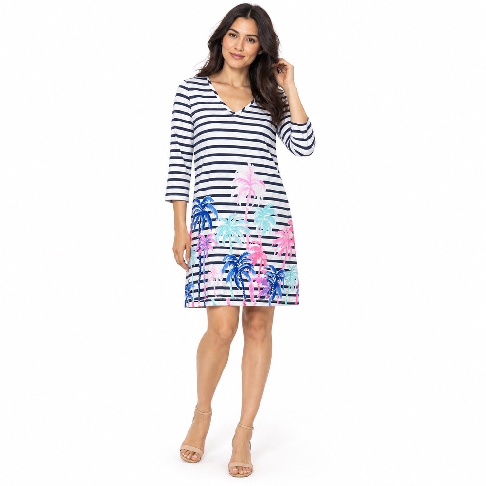Lilly Pulitzer T-Shirt Dress Cotton Striped Palm Tree Coastal Resort Womens L
